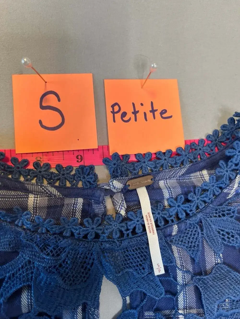 Free People Darling Diana Blue Plaid Lace Boho Cottagecore Prairie Top